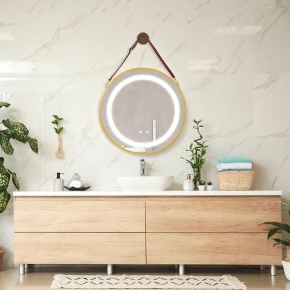 Oglindă baie LED rotundă 50 cm, aurie, cu antiaburire și touch