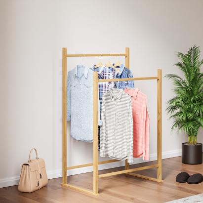 Suport pentru haine Mariehamn din lemn natural, cu 2 bare, 122x80x50 cm
