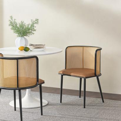 Set 2 scaune dining Flen maro/negru, cu ratan și șezut tapițat