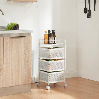 Cărucior de bucătărie cu 3 niveluri și roți, alb, 64,5x27x27 cm