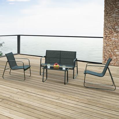 Set mobilier de grădină Anzi, 4 piese, negru, masă cu sticlă