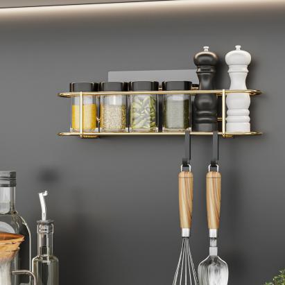 Raft de condimente Naantali auriu cu 2 cârlige, montaj autoadeziv