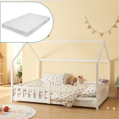 Pat copii tip căsuță Hesel 140x200 cm, alb, cu saltea și protecție