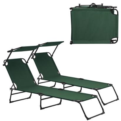 Set 2 șezlonguri pliabile Lomeda cu copertină, verde închis, 187x53 cm