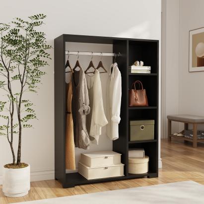 Dulap pentru haine deschis Nesbyen negru cu bară și 4 rafturi