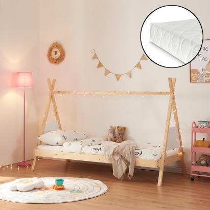 Pat copii tipi 90x200 cu saltea, lemn de pin natur, Siikajoki