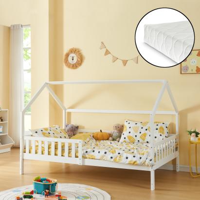 Pat căsuță pentru copii cu saltea 120x200 cm, alb, din lemn de pin