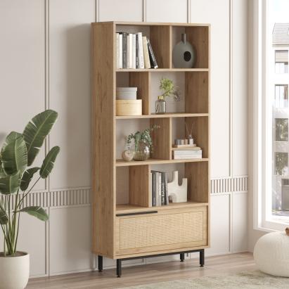 Bücherregal Kvænangen 176x84x30 cm Eichenoptik/Rattanoptik [en.casa]