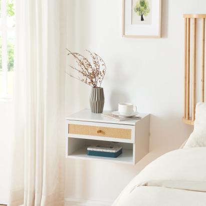 Wandregal Eiker mit Schublade 40x32x23 cm Weiß/Rattanoptik [en.casa]