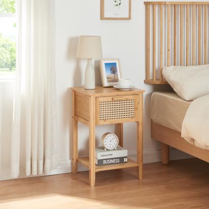 Noptieră Leirfjord din bambus natur cu sertar și poliță, 60x40x35 cm