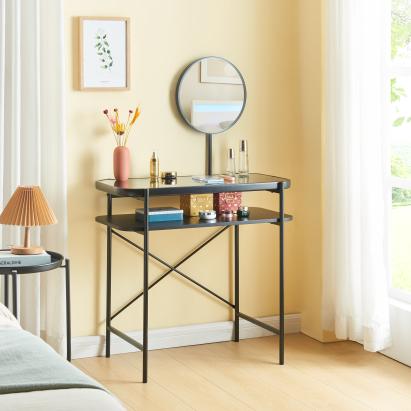 Masă de machiaj Hjelmeland cu oglindă, poliță și blat din sticlă, neagră