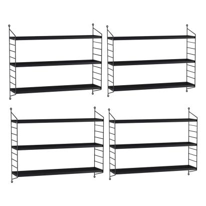 Set 4 rafturi de perete modulare negre din oțel, 3 polițe, en.casa