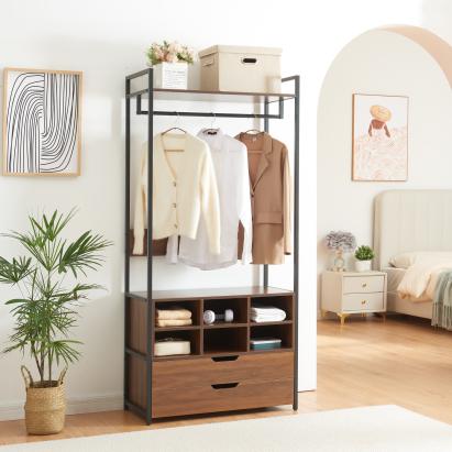 Cuier hol cu bară pentru haine, 6 rafturi și 2 sertare, negru nuc