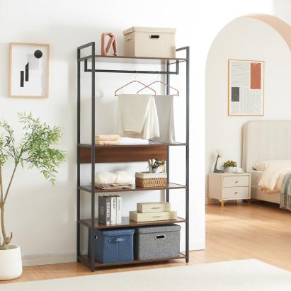 Cuier cu rafturi Larem, 180x84x40 cm, negru cu aspect nuc, [en.casa]