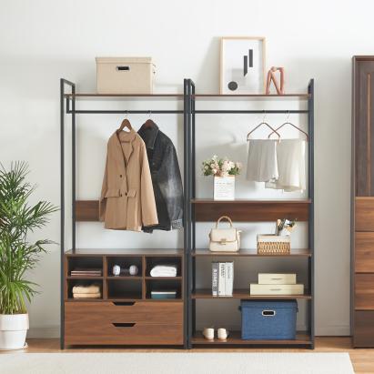 Set 2 garderobe cu rafturi, sertare si bara haine Larem nuca