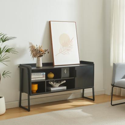 Comodă TV Storfjord 120x33,5x63 cm neagră, cu rafturi și dulap