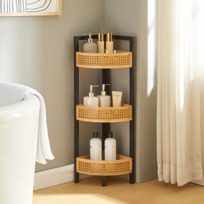 Raft de colț Tervola pentru baie sau bucătărie, 80 cm, negru și bambus