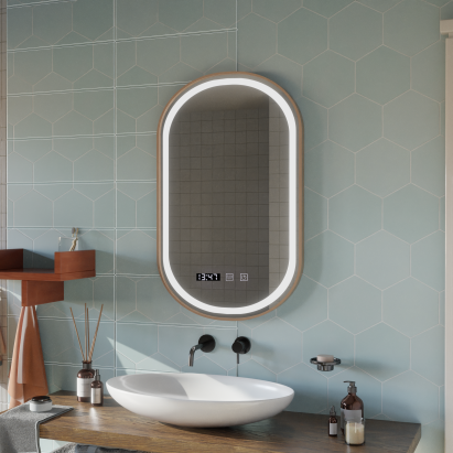 Oglindă LED baie Konrad 50x80 cm, touch, dezaburire, ceas, auriu brushed