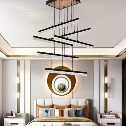 Lustra LED Suspendata Acril LT181/6BK, 82W, Lumina 3000/4000/6000K, Negru, Inaltime Reglabila