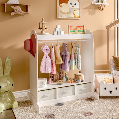 Garderobă pentru copii Moskenes albă cu oglindă și 3 cutii