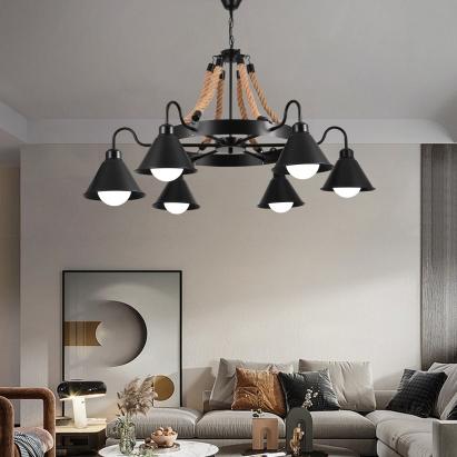 Lustra Vintage cu Franghie LV584/6BK, 6xE27 Lemn Inchis