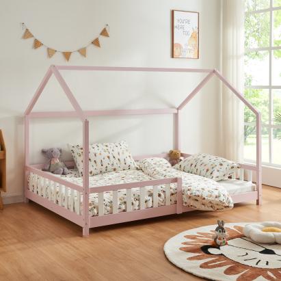 Pat copii tip casă Hesel 140x200 cm roz, cu protecție anti-cădere