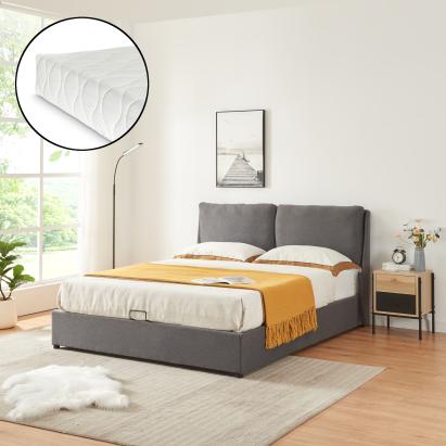 Pat tapițat Lunner 160x200 cm cu saltea și ladă, gri închis