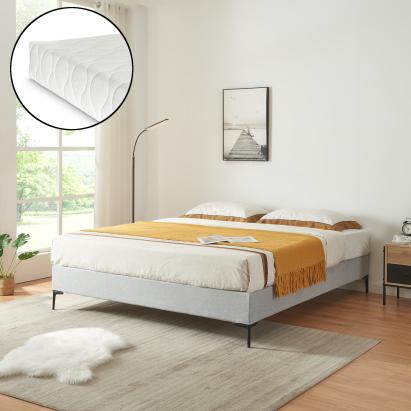 Pat dublu Lilla cu saltea, textil, 180x200 cm, gri deschis