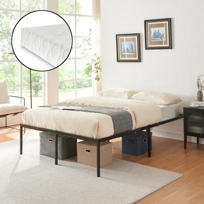 Pat metalic 140x200 cm cu saltea inclusă, negru, Vardo