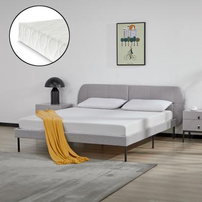 Pat tapițat Porvoo cu saltea 160x200 cm, textil gri, [en.casa]