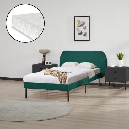 Pat tapițat Porvoo cu saltea 90x200 cm, catifea verde închis