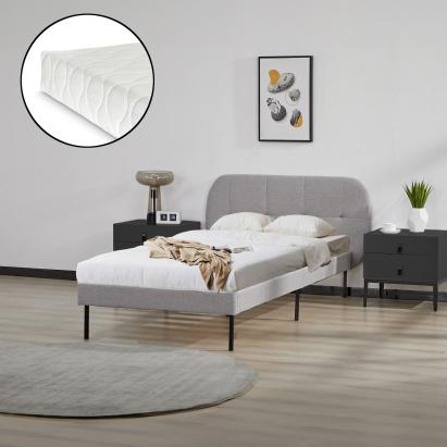 Pat tapițat Porvoo cu saltea, textil gri, 90x200 cm, [en.casa]