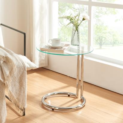 Masă laterală Ylivieska din sticlă securizată și metal cromat, 46x44,5 cm