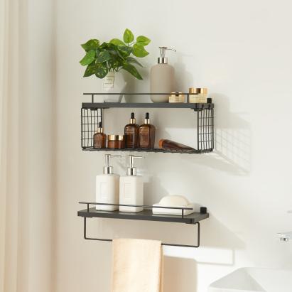 Set 2 rafturi de perete pentru baie Vik, negre, cu suport prosop