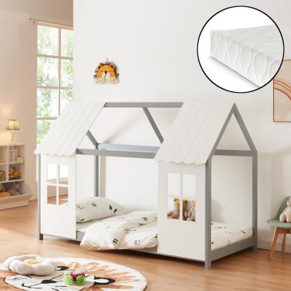 Pat copii tip casă semideschis Tostedt cu saltea 90x200 cm, gri/alb