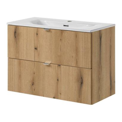 Dulap baie suspendat cu lavoar ceramic 80 cm, aspect stejar