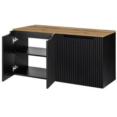 Dulap baie pentru lavoar dublu Skelbolu, 4 usi, 120 cm, negru si stejar