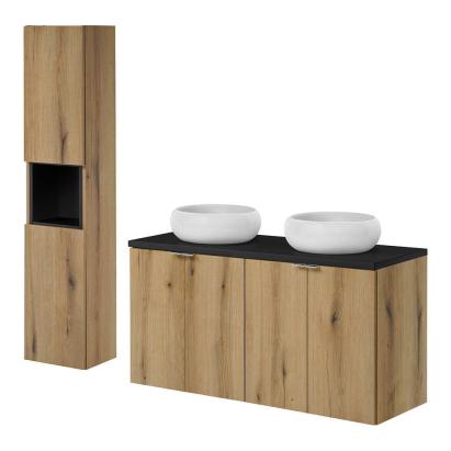 Set mobilier baie 120 cm Skelbolu cu dulap înalt, stejar și negru