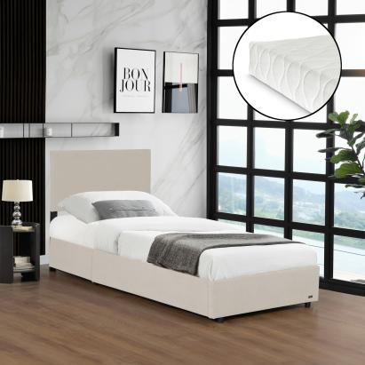 Pat tapitat Juva 90x200 cm cu saltea și ladă de depozitare, bej