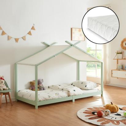 Pat copii tip căsuță Brome 90x200 cm cu saltea, verde mentă
