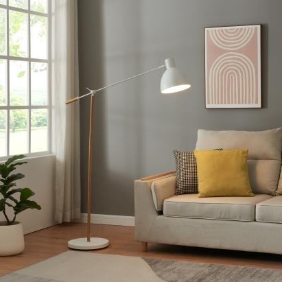 Lampadar Banchory din metal, 163 cm, aspect lemn și alb