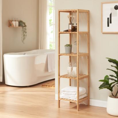 Raft baie din bambus Lierne cu 5 polite, natur, 140x33x34 cm
