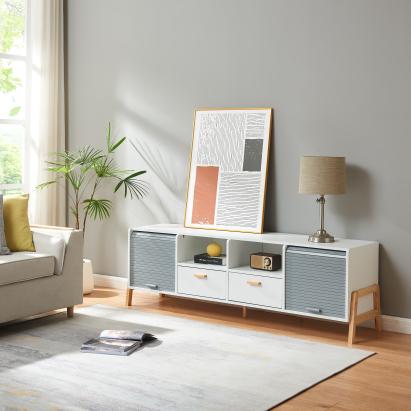 Comodă TV Kvaefjord 160x40x52 cm alb/gri, cu sertare și uși jaluzea