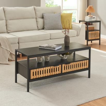 Masă de cafea Luniehti 100x40x48 cm, negru/natur, cu 2 uși