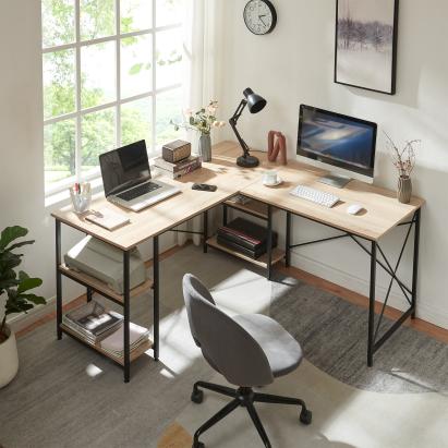 Birou de colț Klirurud cu 2 rafturi, montaj flexibil, aspect stejar