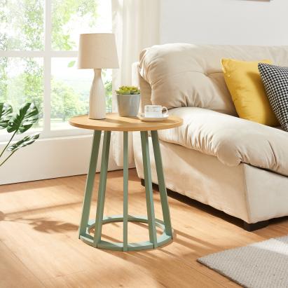 Masă laterală Lensuu 48x48 cm verde pastel și blat aspect stejar