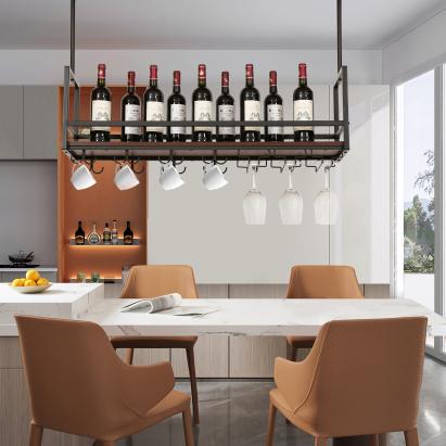 Raft suspendat pentru vinuri cu suport pahare, negru/nuc 100 cm