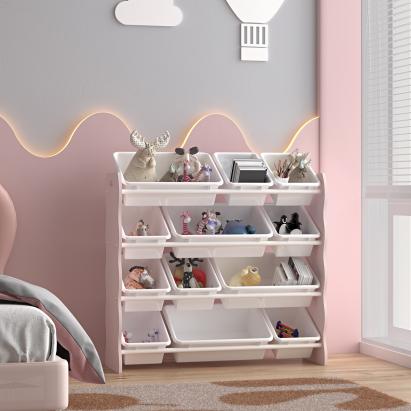 Raft pentru copii Vestnes cu 12 cutii de depozitare, roz/alb, 78x86 cm