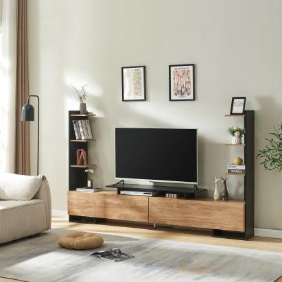 Comodă TV Rauki cu rafturi laterale, negru și aspect lemn mango