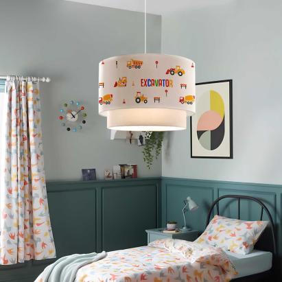 Kinder-Hängeleuchte Lurgan mit Baufahrzeuge-Motiv Weiß [lux.pro]